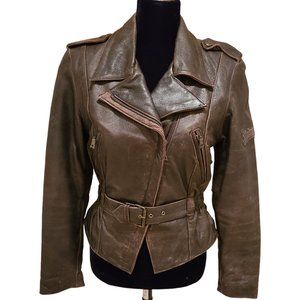 Brown Leather Bomber Jacket, Zip pockets, Lace up back, Flying Bikes, Thinsulate